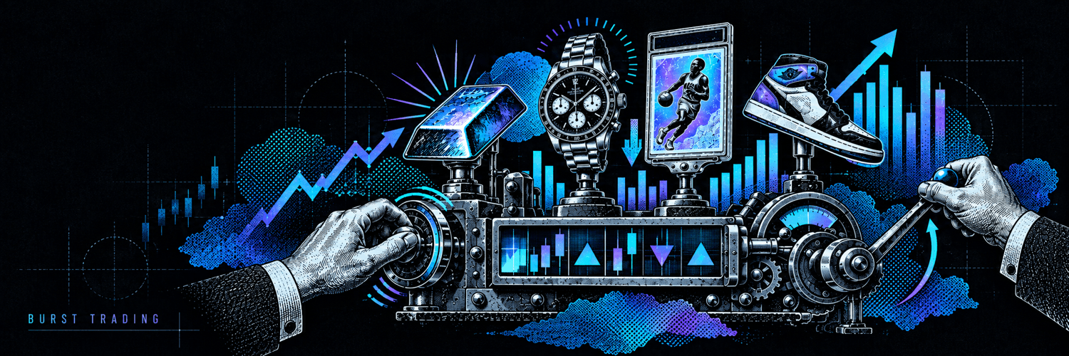 Burst Trading market machine with watches, collectibles, sneakers, and live charts